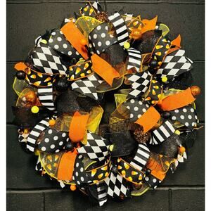 Halloween Wreath for Front Door~Black and Orange-Candy Corn~Handmade 22 inch